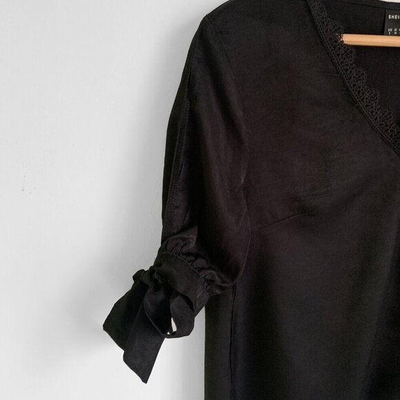 Shein Black Lace Trim Tie Sleeve Blouse - Picture 4 of 6